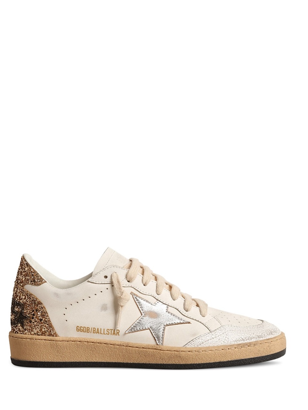 Golden Goose Ball Star Low-Top Sneaker in Cream with Gold Glitter Heel